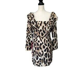 H&M Leopard Print Ruffle Long Sleeve Mini Dress With Bow Back Detail Size Medium